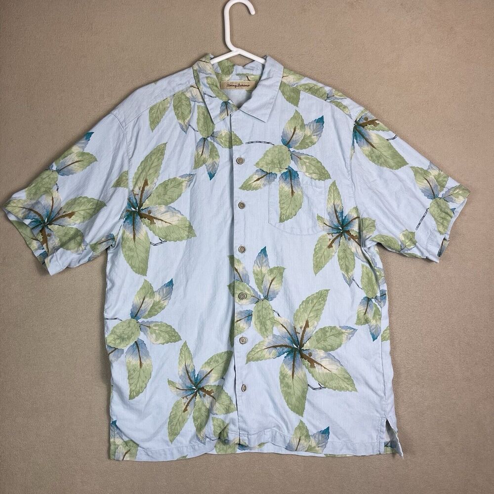 Tommy Bahama Shirt Mens Large Blue Floral Silk Beach Aloha Short Sleeve Adult